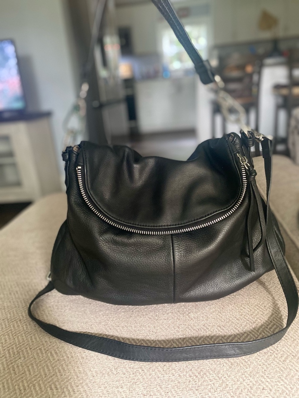 margot Black Leather Shoulder Hobo with Zip Accent